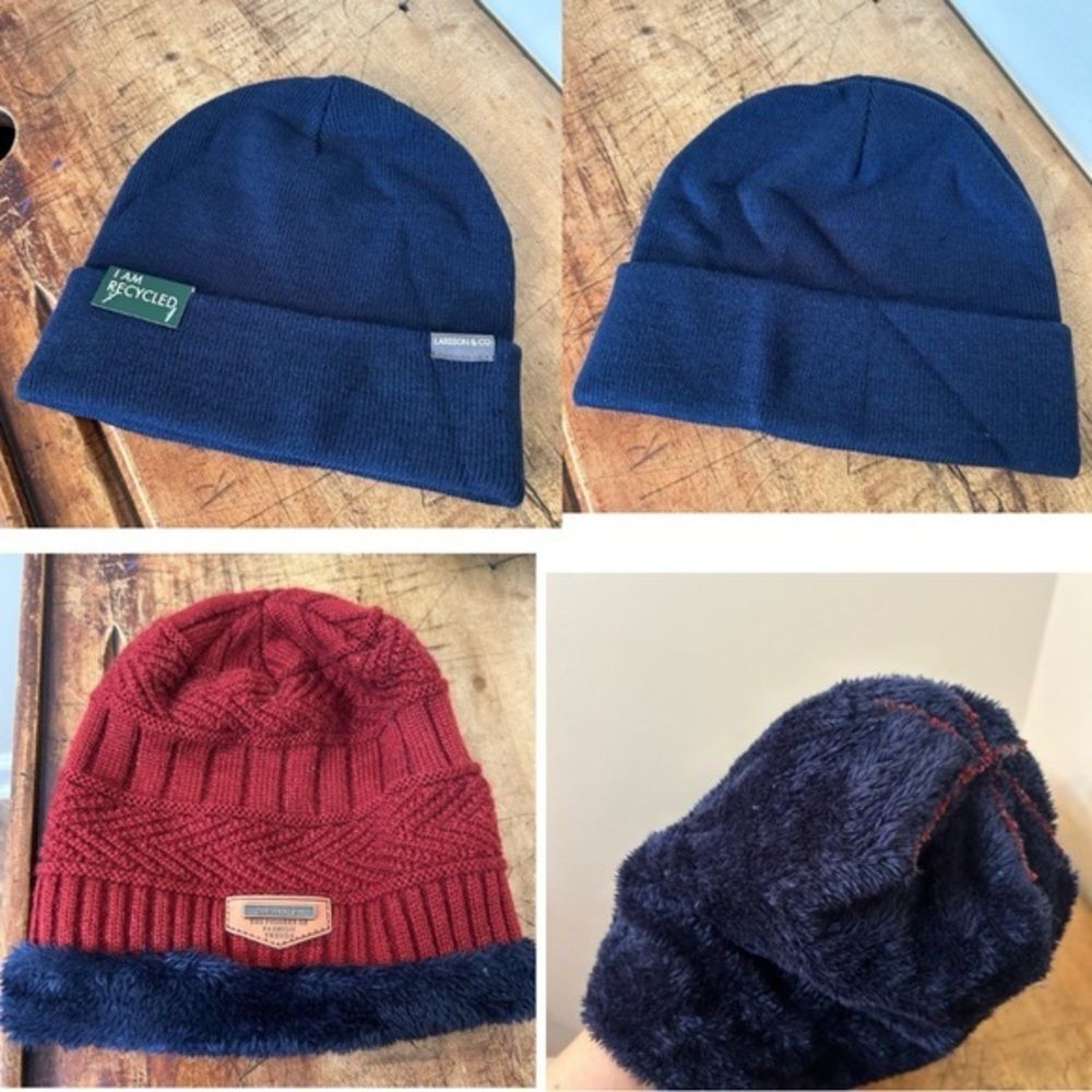 Lot of 2 Winter Beanies Red Navy Blue Larsson & Co All-match Outdoors Hiking